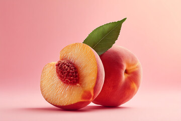 A ripe peach with one half cut open showing the seed and a green leaf attached.