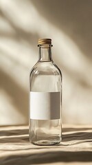 Glass bottle with blank label in sunlight