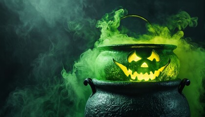 a glowing jack-o'-lantern face emanates from a bubbling cauldron filled with eerie green smoke against a dark background.