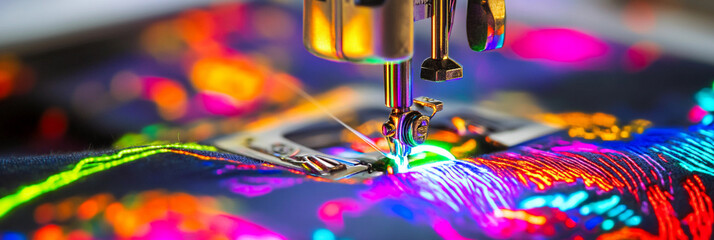 Close-up view of colorful embroidery machine in action Generative AI