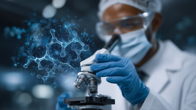 A lab technician wearing gloves analyzing water samples under a microscope, with digital overlays of molecular structures representing toxins like arsenic, PFAs, and chlorine bypro