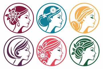 Set of six circular icons featuring womens profiles with different hairstyles