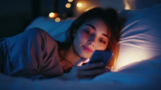 A young woman scrolls her mobile phone while lying in bed in the evening before going to sleep