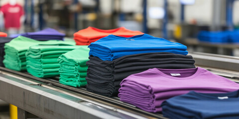 Obraz premium Folded t-shirts arranged on a factory conveyor belt Generative AI