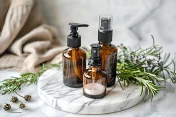 Elegant Skincare Presentation Amber Bottles with Rosemary Sprigs on Marble Round Display Health Wellness and Beauty