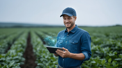 Young tech-savvy farmer using a tablet to scan soybean plants in a sunny field, surrounded by data holograms and digital crop insights, symbolizing advanced farming techniques agri