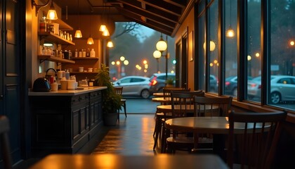 Cozy, brightly lit cafe interior featuring a blurred foreground with wooden tables, city lights visible through the windows, warm lighting, and a relaxed atmosphere. It's a rainy autumn evening, with 