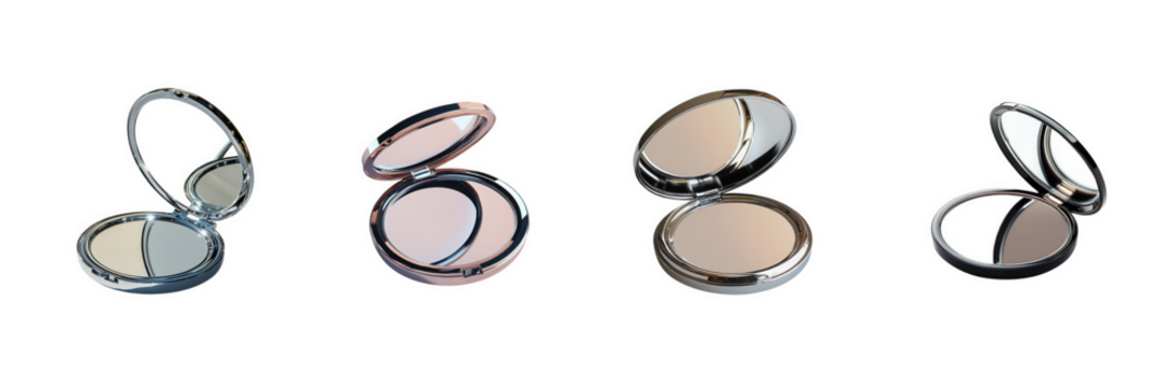 A compact mirror with an open lid reflecting soft light, set against a transparent background to emphasize its elegant design and cosmetic appeal