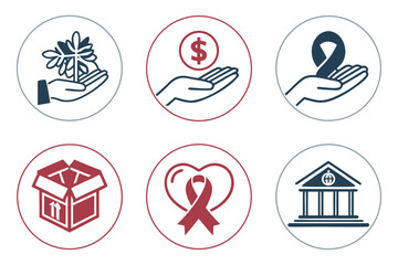 Set of six icons representing charity, donation, and support services