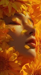 A serene woman gracefully surrounded by vibrant yellow flowers in a picturesque outdoor setting perfect for showcasing natural beauty and tranquility