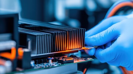 Close-up of a technician's hand adjusting a heat sink on a circuit board in a high-tech lab environment