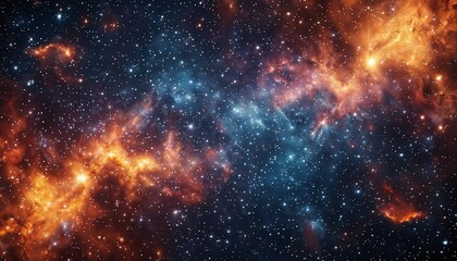 Naklejka premium a vibrant and expansive view of a nebular starfield featuring contrasting warm orange and cool teal hues amidst a sea of distant stars.