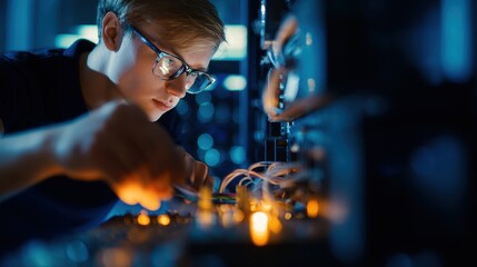 Young technician working intently on electronic equipment in a dimly lit lab with glowing components