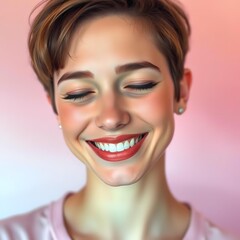 Photograph of a Young Woman with Eyes Closed and Beaming Smile