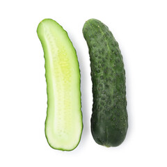 Halves of fresh cucumber isolated on white, top view