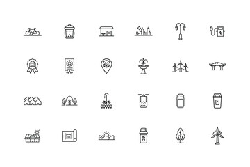 Collection line art icons depicting urban green city elements bicycle trash