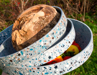 Blue Terrazzo Bowls with Wood and Fruit