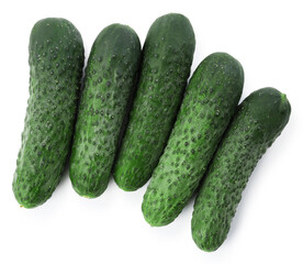 Many fresh green cucumbers isolated on white, top view