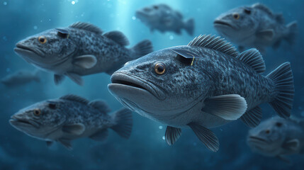 Obraz premium Education concept. I cant identify fish image, but I can help describe it. image shows group of fish swimming underwater