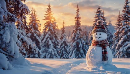 a cheerful snowman stands in a snowy forest bathed in the warm glow of a winter sunset.
