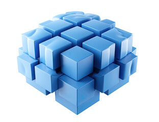 Light-blue, glossy cubes form a complex, three-dimensional structure, suggesting interconnectedness and complexity