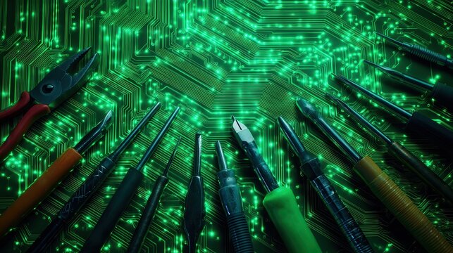 A collection of various tools arranged on a glowing circuit board background, highlighting technology and craftsmanship