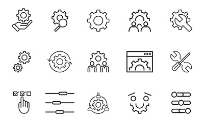 Gear and Settings Line Icons Pack, Configuration, Tools, Teamwork, and Optimization Symbols