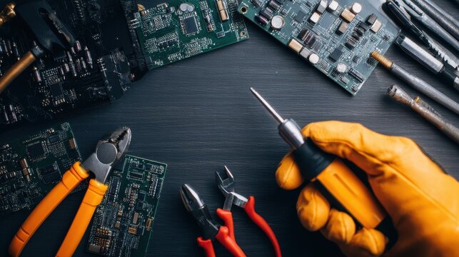 Close-up of a technician's hand holding a screwdriver surrounded by various tools and circuit boards