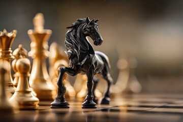 Chess piece, black horse, golden pieces