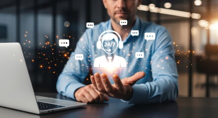 Digital support system with 24 hour customer service icon and chat bubbles, concept of virtual assistance and client communication.