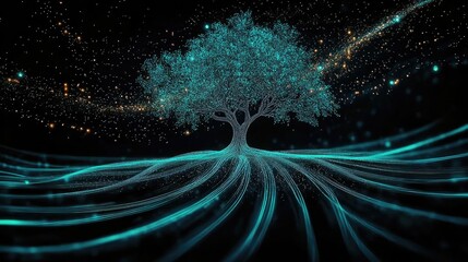A glowing tech tree of radiating teal lines with a digital data visualization of green leaves, a concept for life science, fintech, network growth, and sustainability on a black background.