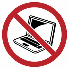No laptop icon with a red prohibition circle, symbolizing digital detox. Forbidden laptop represents restriction from technology and devices.