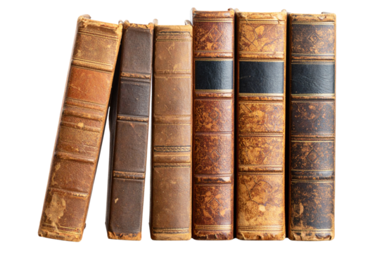 Stack of Worn Hardcover Books with Faded Covers, isolated on transparent background