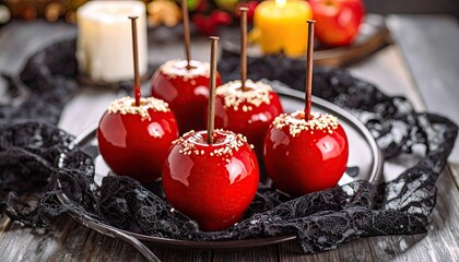 A plate of five red apples with brown sticks in them. The apples are arranged in a way that they look like they are hanging from a tree. The plate is placed on a black cloth
