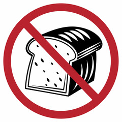No bread sign featuring a loaf of bread crossed out, symbolizing dietary restriction. Restriction against bread emphasizes a no bread diet, depicting avoiding wheat for health or religious reasons.