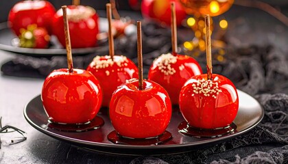 A plate of red apples with sticks in them. The apples are arranged in a row and are surrounded by a black cloth