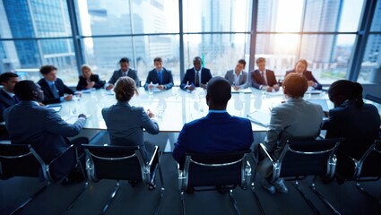 Corporate business meeting with diverse executives around conference table in modern office.