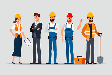 Building industry team with engineer, manager, and construction worker characters vector