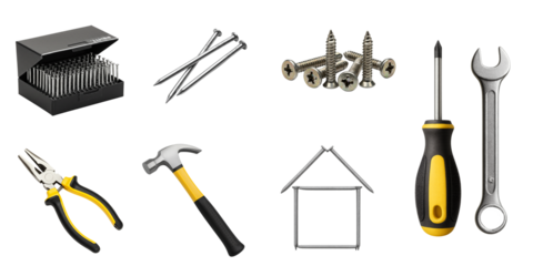 Construction and repair tool set, essential, various tools, professional background, professional product photography, isolated on white, png, transparent background