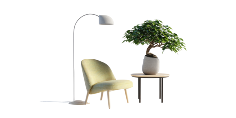 A light beige armchair beside a small light brown table, with a bonsai tree in a light gray pot and a floor lamp