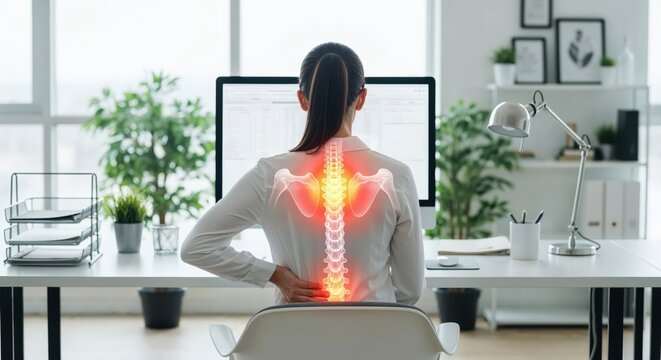 Woman suffering back pain from poor posture while working in office with the spine highlighted in red.