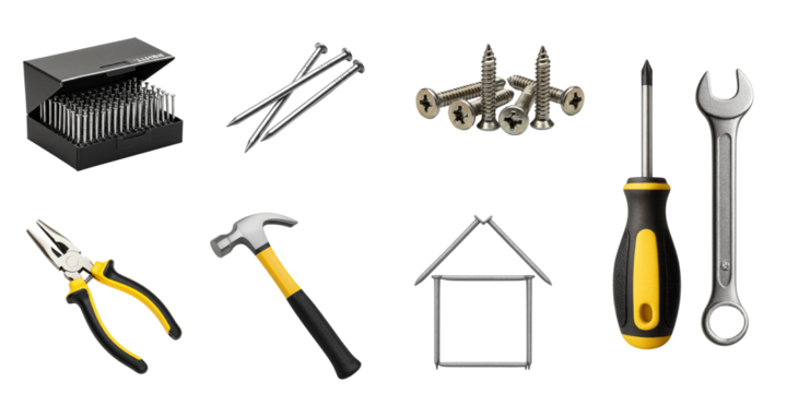 Construction and repair tool set, essential, various tools, professional background,  professional product photography, isolated on white,  png, transparent background