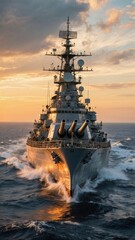 Powerful military navy warship sailing at sea during dramatic sunset, front view of battleship with cannons and radar systems.