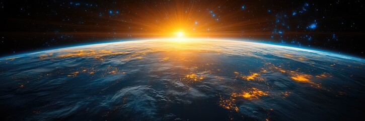 An epic panoramic view of planet Earth from space. The sun rises over the horizon, illuminating the atmosphere and continents with glowing city lights, a concept for global connection and technology.