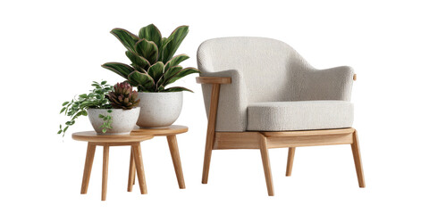 Light beige armchair and wooden side tables with potted plants