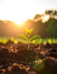 Young sprout emerging from soil at sunrise