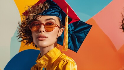 a stylish graduate with curly hair and vintage sunglasses poses against a vibrant geometric backdrop, embodying academic achievement and modern flair.