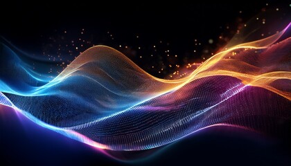 abstract visualization of glowing waves with vibrant particles creating a dynamic background scene