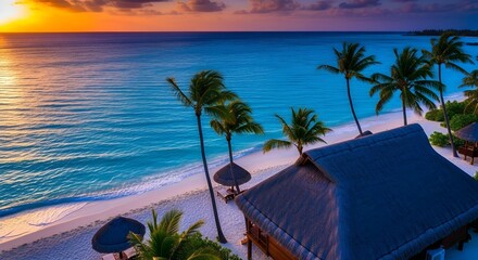 Aerial of a thatched-roof bungalow by crystal-clear sky beach view