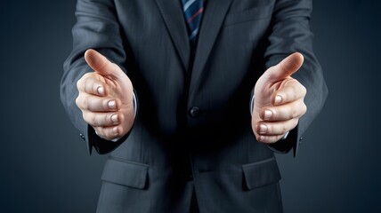 A businessman in a suit with his hands outstretched in a gesture of offering or presentation space